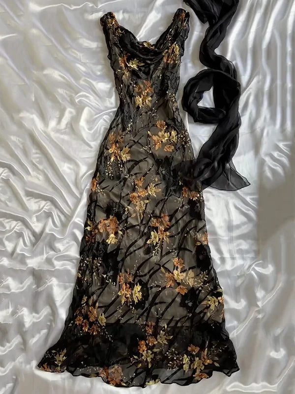 Vintage Applique Chiffon Prom Dress Sheath Evening Dress Long Formal Dress HZ1024