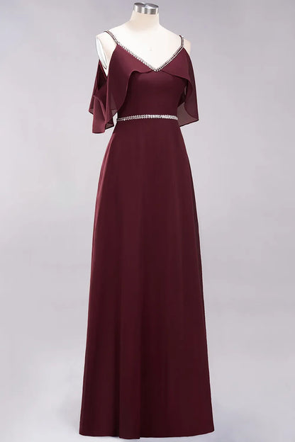 A-line V-Neck Spaghetti Straps Sleeveless Floor-Length Bridesmaid Dresses with