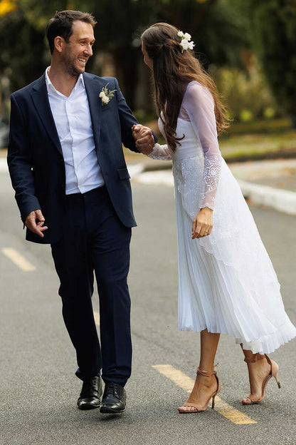 White Sweetheart Sheer Sleeve Tea-length Wedding Dress