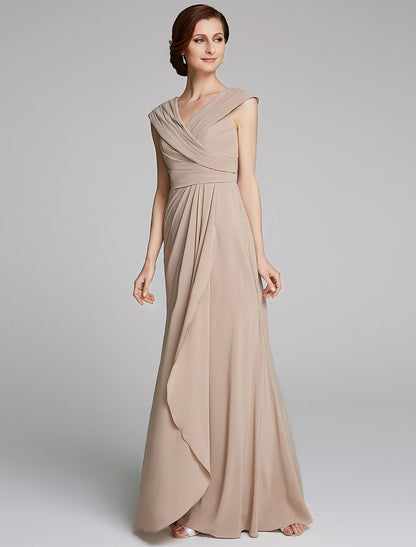 Sheath / Column Mother of the Bride Dress Elegant V Neck Floor Length Jersey Short Sleeve with Pleats