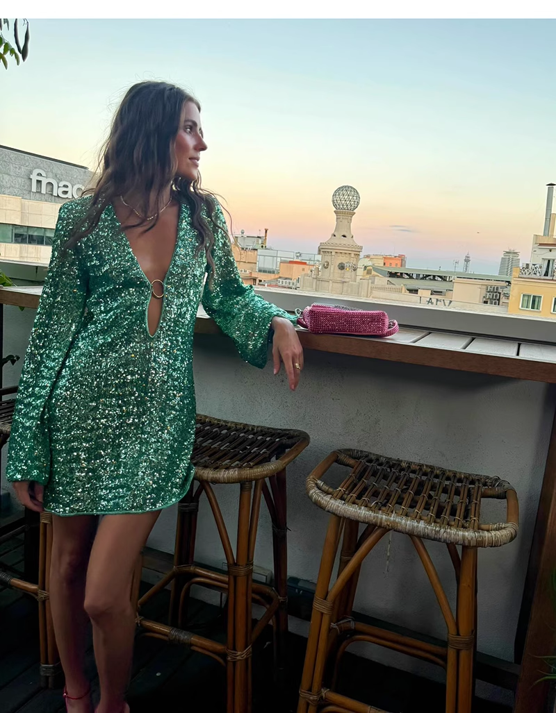 Fashion Green V-neck Sequin Design A-line Long-sleeved Women Party Dress Homecoming Dress HZ1024
