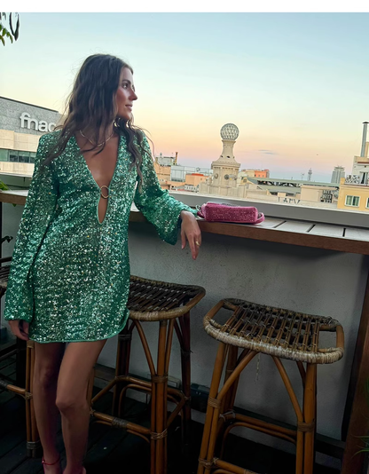 Fashion Green V-neck Sequin Design A-line Long-sleeved Women Party Dress Homecoming Dress HZ1024