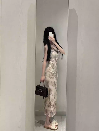 New Fashion Rose Floral Design A-line Sleeveless Spaghetti Strap Dress HZ1024