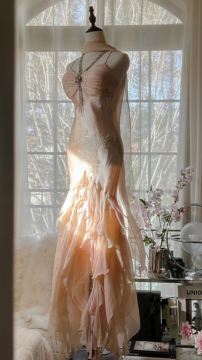 Vintage Mermaid Beaded Floral Design Romantic Chiffon Evening Dress Prom Dress HZ1024
