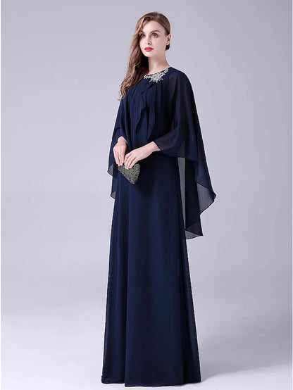 A-Line Mother of the Bride Dress Elegant Sweet Jewel Neck Floor Length Chiffon Sleeveless with Crystals
