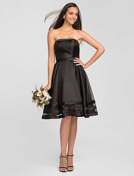 A-Line Strapless Knee Length Organza Bridesmaid Dress with Pleats Ruffles