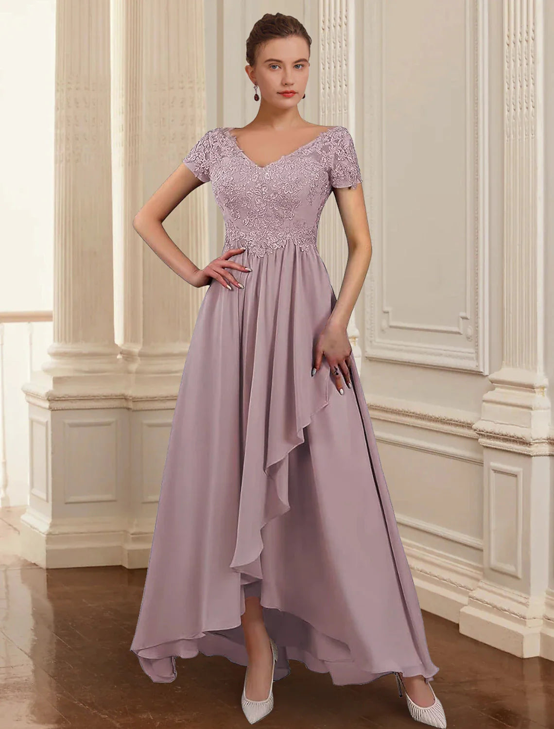 Aimishang Two Piece A-Line Mother of the Bride Dress Formal Wedding Guest Elegant High Low V Neck Asymmetrical Ankle Length Chiffon Lace 3/4 Length Sleeve Jacket Dresses with Appliques