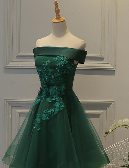 Lovely Off Shoulder Green Short Satin Party Dress With Lace Applique, Green Homecoming Dresses c3090