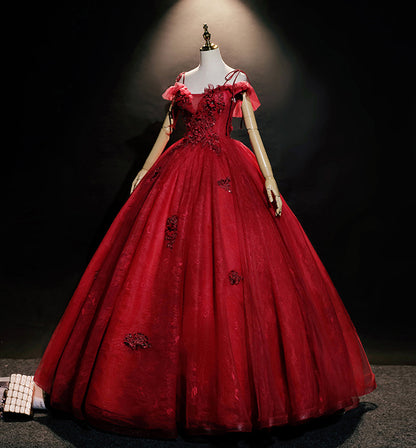 Burgundy lace long ball gown dress formal dress  8618