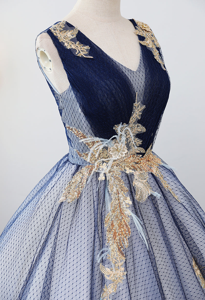Blue v neck sequins long ball gown dress formal dress  8913