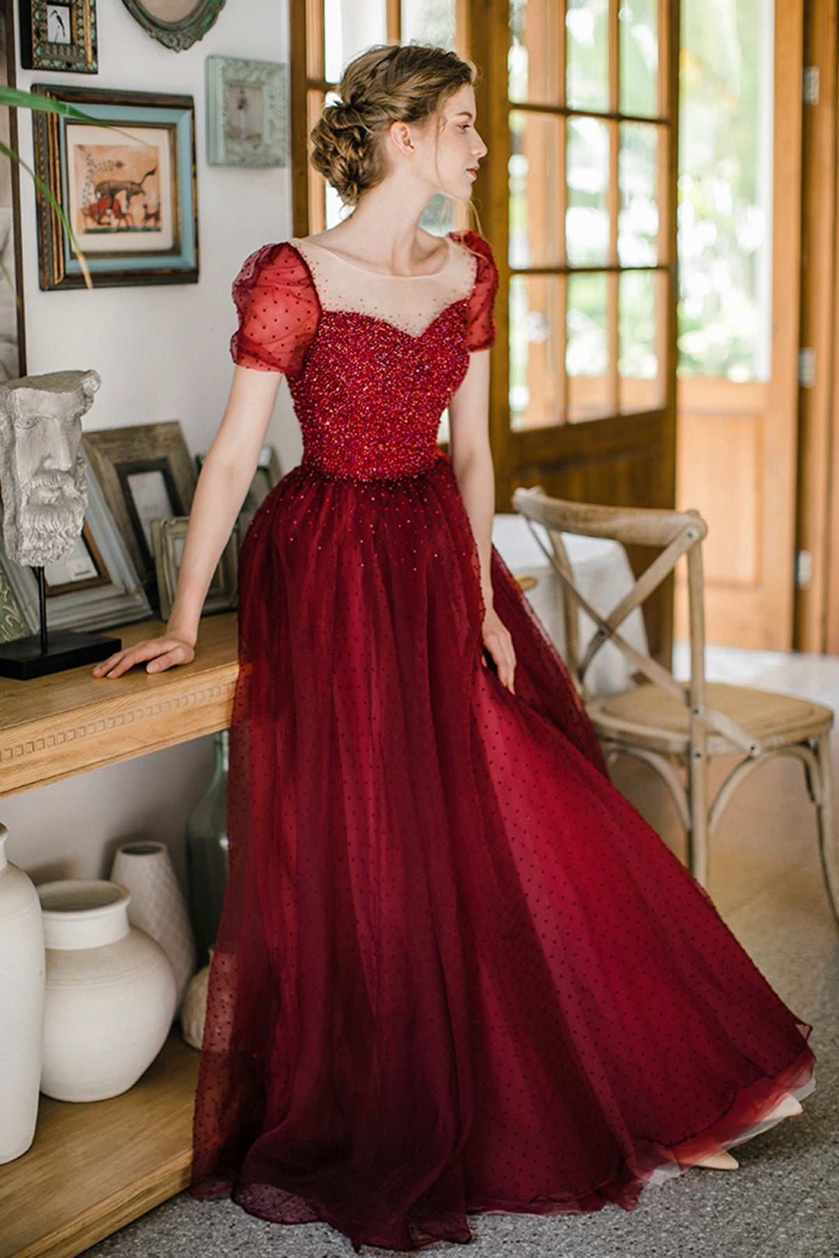 Burgundy Sparkling Beaded A-line Long Tulle Elegant Ball Gown Evening Dress 8645