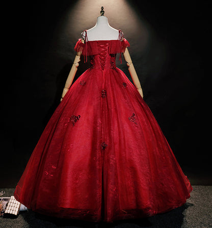 Burgundy lace long ball gown dress formal dress  8618