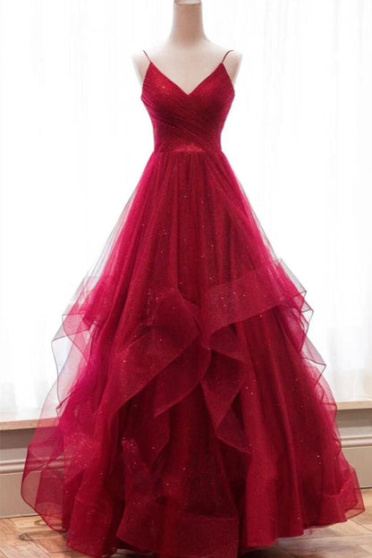 Elegant Blue spaghetti straps tulle long prom dress V-Neck Blue Tulle Prom Dress Long Evening A Line Corset Dress c2931