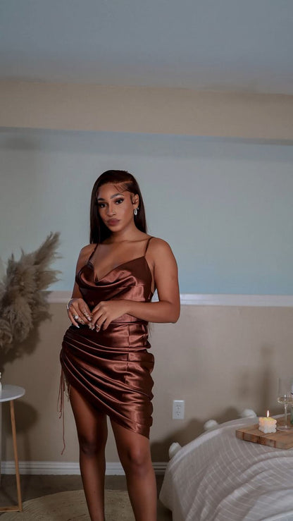 Brown Silk Satin Short Birthday Party Dress cc432