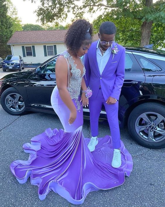 Purple Velvet Mermaid Long Prom Dress For Girls Charming Evening Dress cc390