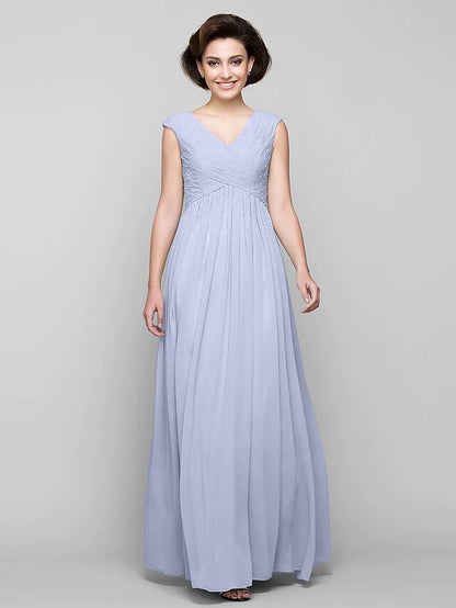 DingjiA-Line Mother of the Bride Dress Elegant V Neck Floor Length Chiffon Sleeveless with Criss Cross Beading