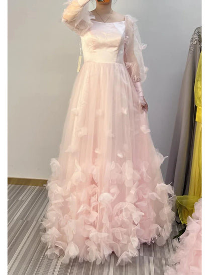 A-Line Prom Dresses Maxi Dress Wedding Guest Sweet 16 Floor Length Long Sleeve Scoop Neck Tulle with Appliques Butterfly 2025