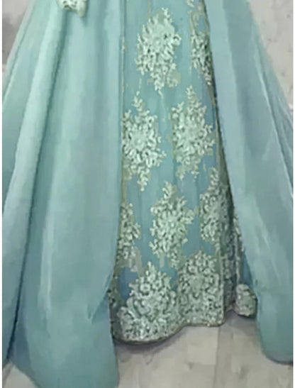 A-Line Mother of the Bride Dress Formal Elegant Party Luxurious Jewel Neck Sweep / Brush Train Satin Lace Long Sleeve with Pleats Solid Color