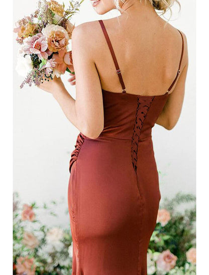 Mermaid / Trumpet Bridesmaid Dress V-Neck Cowl Spaghetti Strap Sleeveless Vintage Floor Length Imitated Silk with Pleats / Split Front