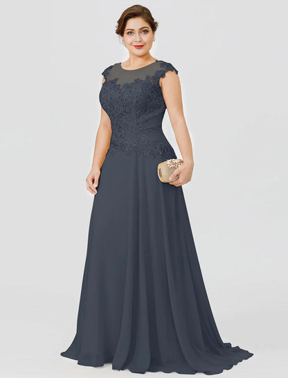A-Line Mother of the Bride Dress Wedding Guest Elegant Plus Size Illusion Neck Sweep / Brush Train Chiffon Beaded Lace Short Sleeve No with Bow(s) Pleats