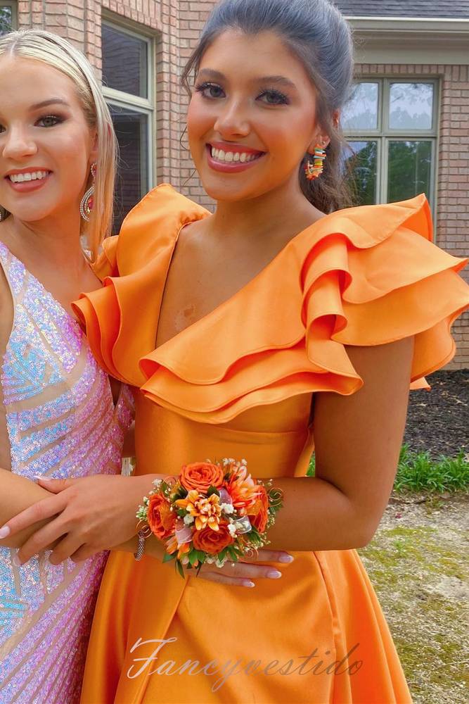 Hot Pink V-Neck Ruffle A-Line Long Prom Dress