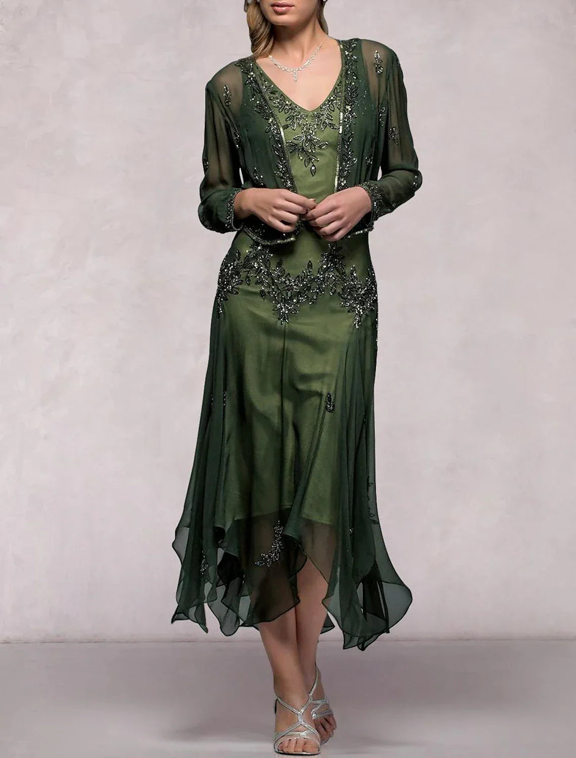 Two Piece A-Line Mother of the Bride Dress Formal Wedding Guest Elegant V Neck Tea Length Chiffon Sequined Long Sleeve Jacket Dresses with Pleats Crystals
