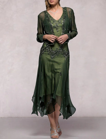 Two Piece A-Line Mother of the Bride Dress Formal Wedding Guest Elegant V Neck Tea Length Chiffon Sequined Long Sleeve Jacket Dresses with Pleats Crystals