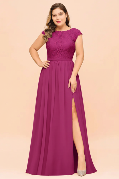Plus Size Bridesmaid Dress Lace with Split Cap Sleeves Chiffon Wedding Guest Dress