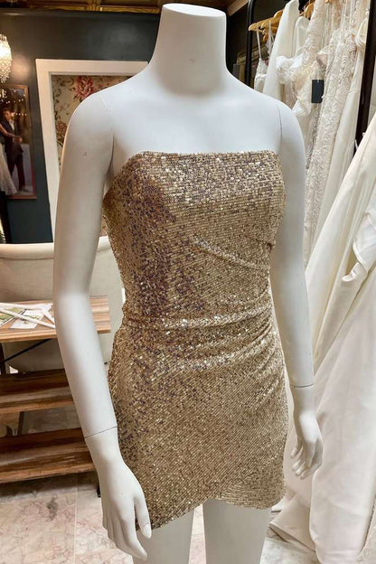 Gold Sequin Strapless Short Homecoming Dress