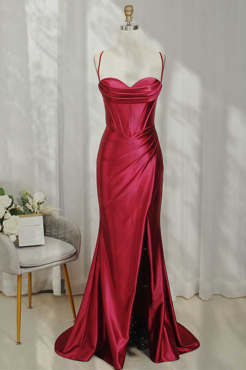 Spaghetti Straps Satin Mermaid Prom Dress with Slit