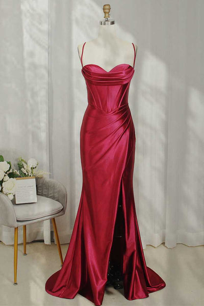Spaghetti Straps Satin Mermaid Prom Dress with Slit