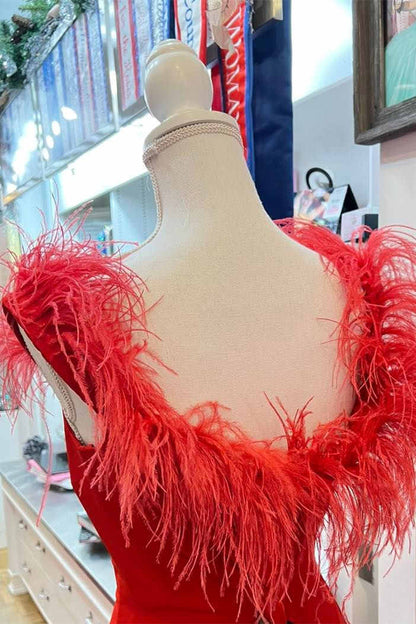 Vera | Plunging Neck Red Feather Long Formal Dress with Slit