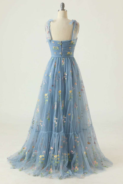 Princess Yellow Floral Long Prom Dress with Embroidery