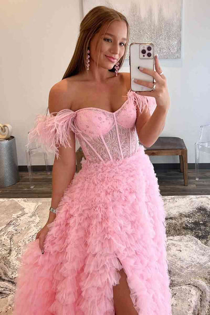 Pink Off the Shoulder Frill-Layered Long Prom Dress with Feathers