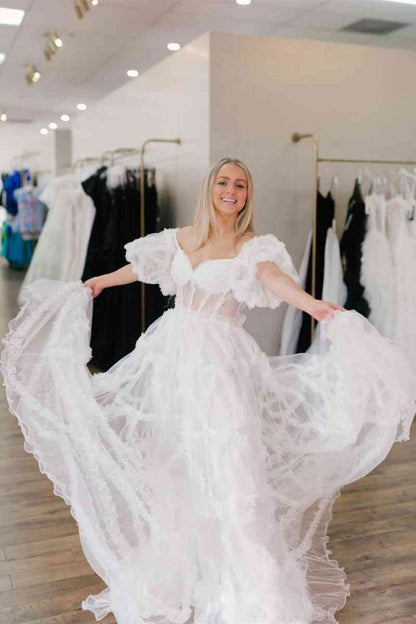 Princess Off-Shoulder Light Blue Ruffle Long Prom Dress with Balloon Sleeves