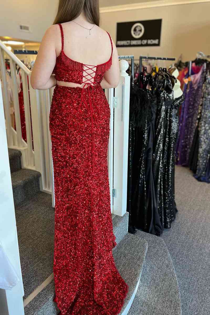 Mermaid Straps Sequins Slit Separated Long Prom Dress with Tassel