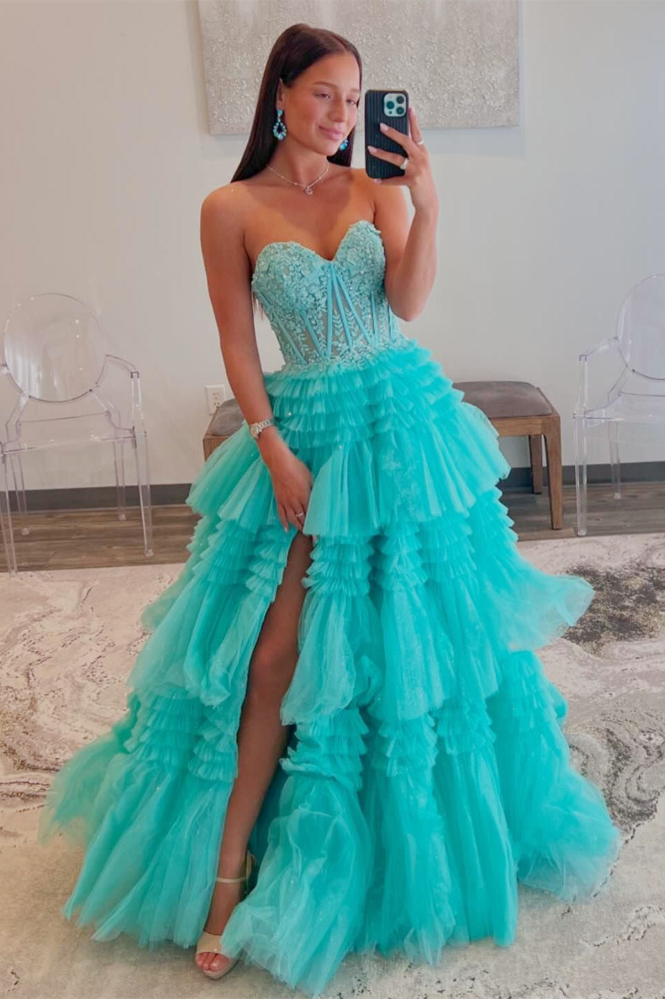 Red Sweetheart Sequins Top Multi-Layers Prom Dress