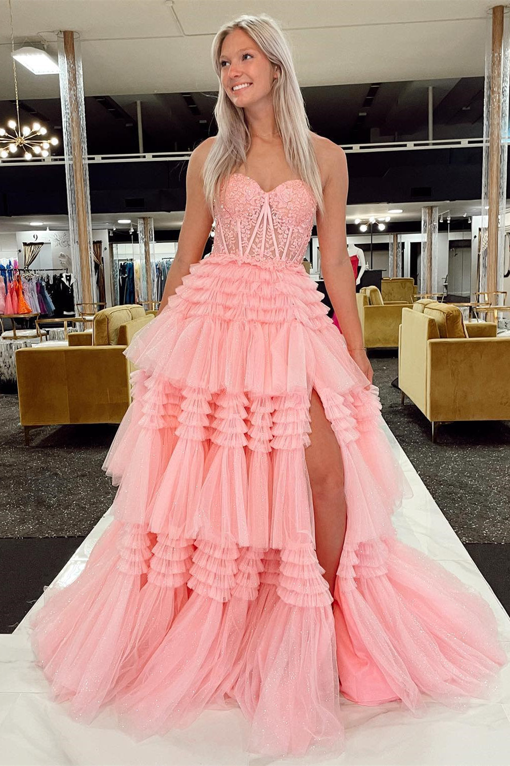 Red Sweetheart Sequins Top Multi-Layers Prom Dress