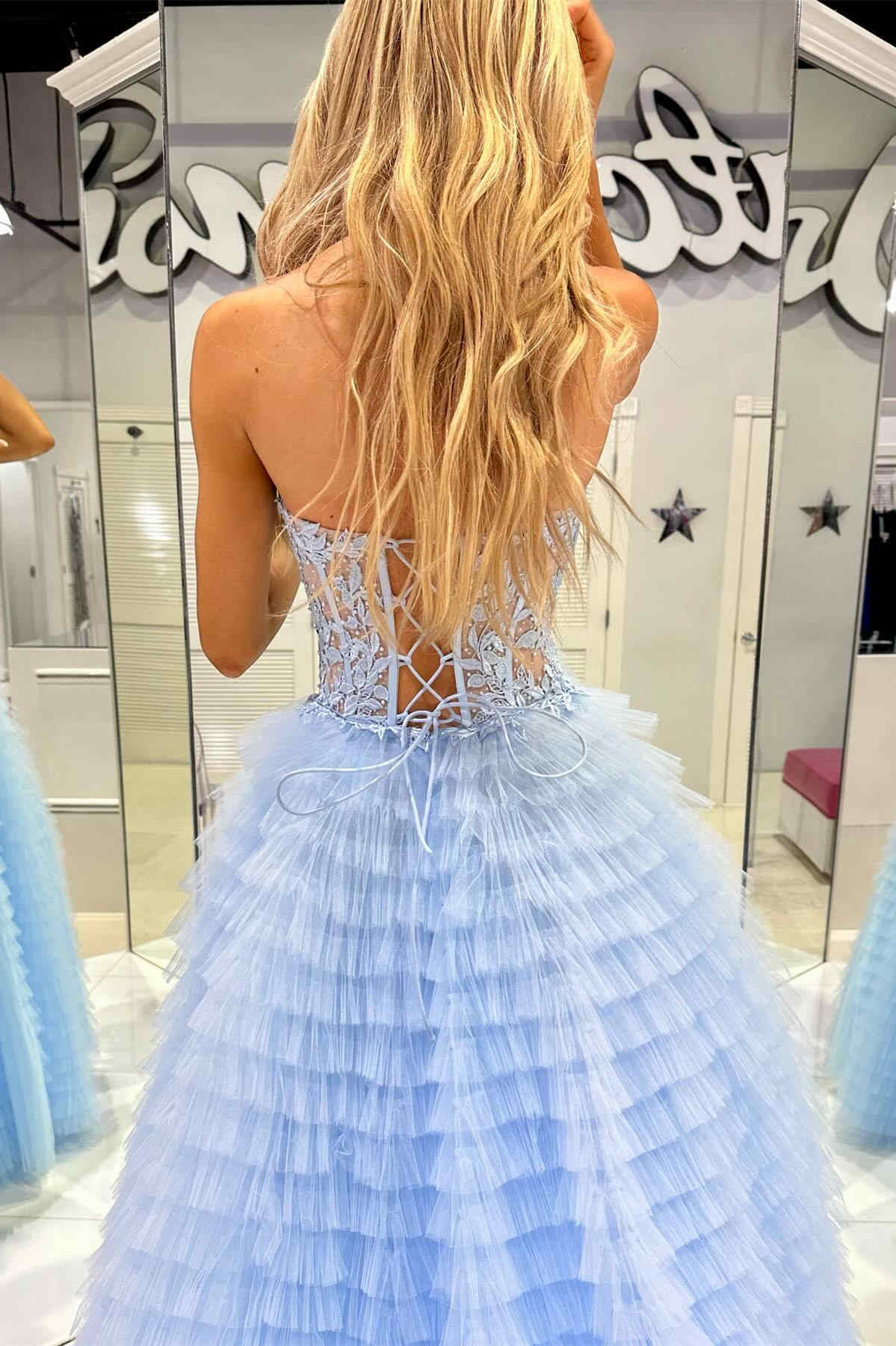 Sweetheart Yellow Lace Corset Tiered Tulle Prom Dress