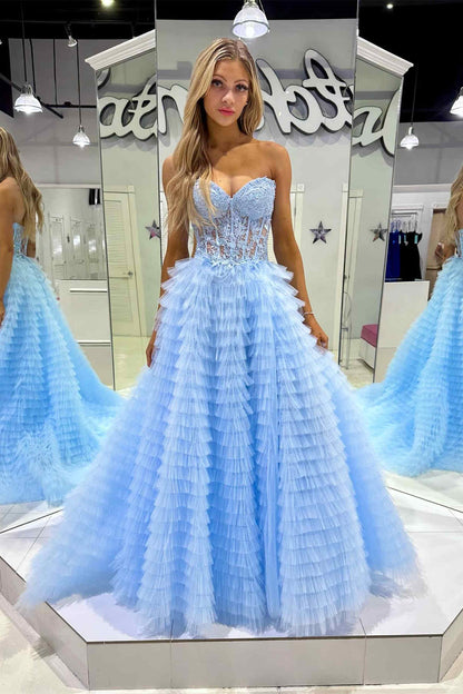 Sweetheart Yellow Lace Corset Tiered Tulle Prom Dress