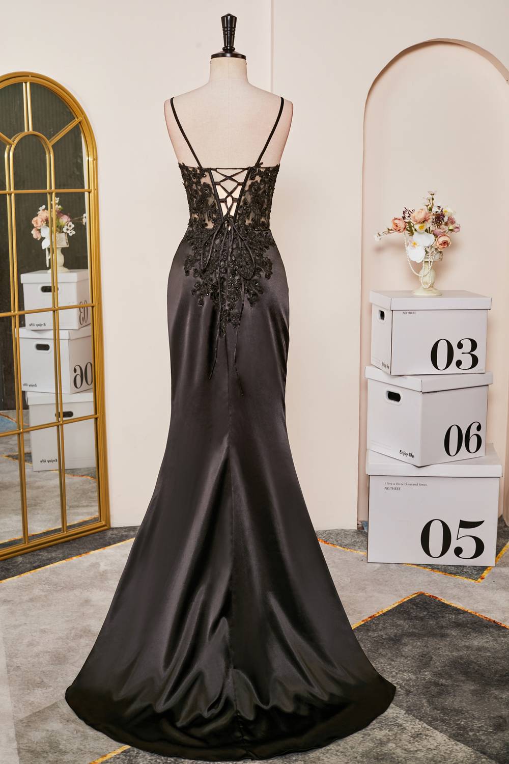 V-Neck Black Sheer Lace Corset Mermaid Prom Dress with Slit