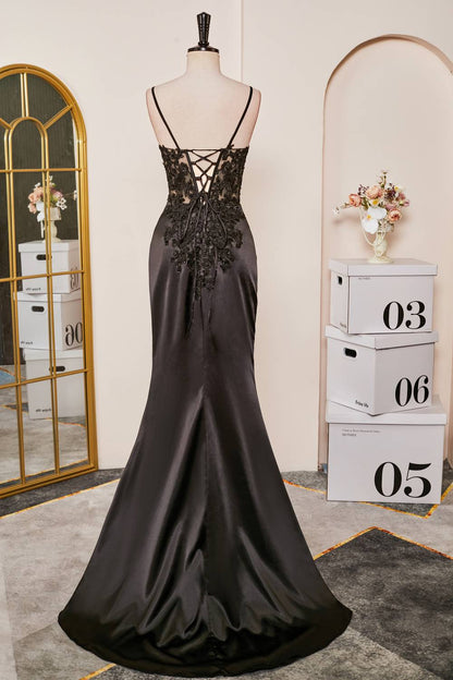 V-Neck Black Sheer Lace Corset Mermaid Prom Dress with Slit