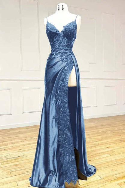 V-Neck Black Sheer Lace Corset Mermaid Prom Dress with Slit