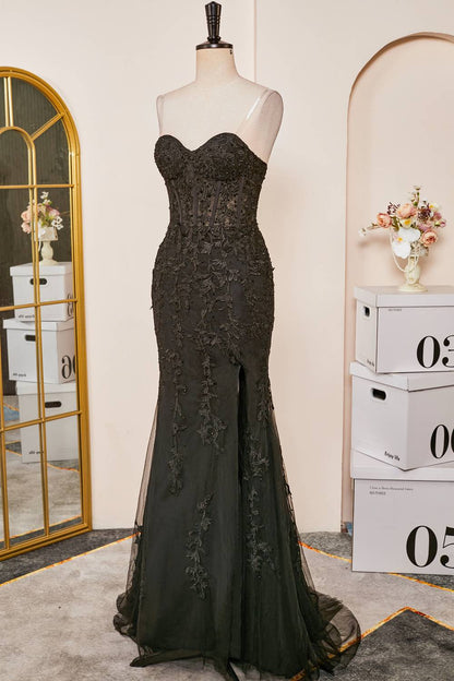 Mermaid Sweetheart Black Appliques Slit Long Prom Dress