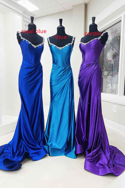 Off the Shoulder Beaded Blue Mermaid Prom Dress with Slit