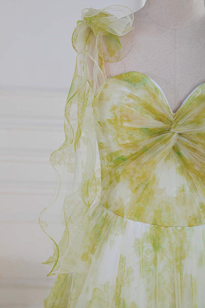 Tie Straps Yellow Floral Print Ruffles Tulle Long Prom Dress