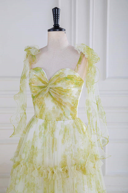 Tie Straps Yellow Floral Print Ruffles Tulle Long Prom Dress