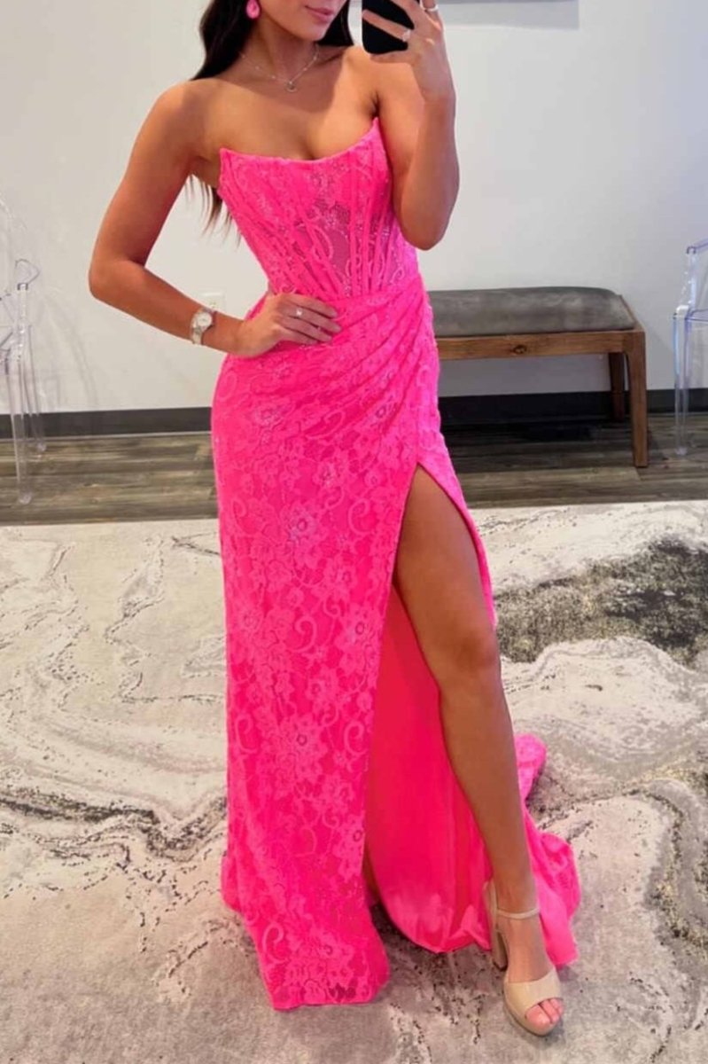 Mandy | Lavender Strapless Lace Ruched Mermaid Prom Dress with Slit