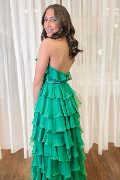 Red Halter Ruffle Tiered Chiffon Prom Dress with Slit