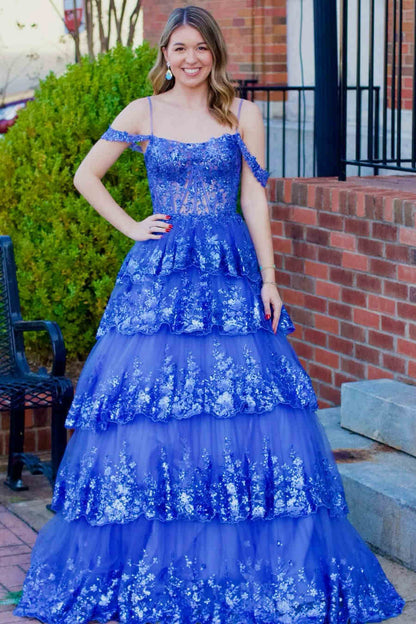 A-Line Cold Shoulder Light Blue Sequin Ruffle Tiered Prom Dress